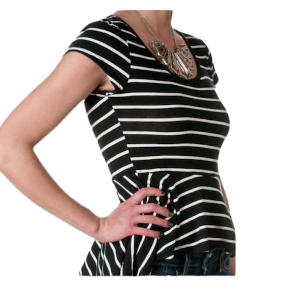 Chelsea & Theodore Striped Black Bow Peplum Top